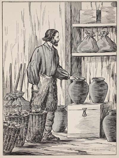 Robinson Crusoe ve svém skladišti, ilustrace z Příběhu Robinsona Crusoe: Adaptace pro děti v jazyce Defoes, hospoda. od Griffith Farran Browne & Co. Limited, Londýn od English School