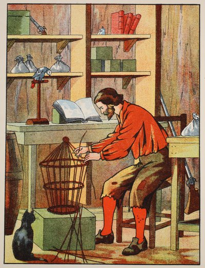 Robinson Crusoe vyrábí klec pro svého papouška, ilustrace z Příběhu Robinsona Crusoe: Adaptace pro děti v jazyce Defoes, hospoda. od Griffith Farran Browne & Co. Limited, Londýn od English School