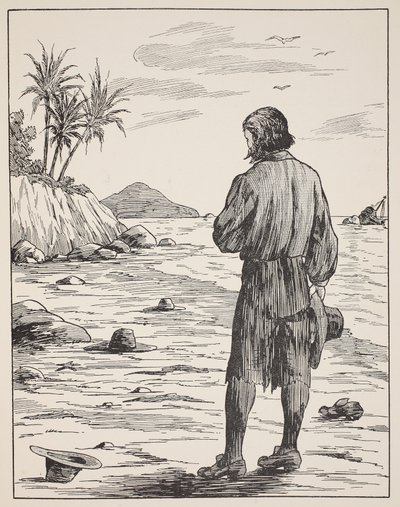 Robinson Crusoe na svém ostrově, ilustrace z Příběhu Robinsona Crusoe: Adaptace pro děti v jazyce Defoes, hospoda. od Griffith Farran Browne & Co. Limited, Londýn od English School