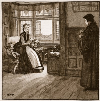 Návštěva Rogera Aschamse u lady Jane Greyové, ilustrace z Cassells Illustrated History of England (sépiová fotografie) od English School