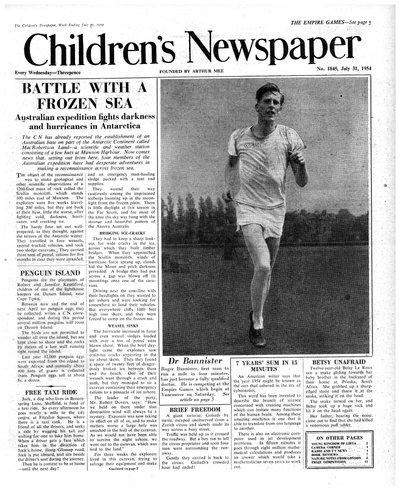 Roger Bannister, titulní strana "Dětských novin", 1954 (novinový papír) od English School