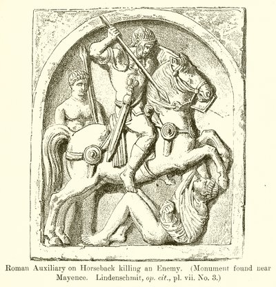 Roman Auxiliary on Horseback zabíjející nepřítele. (Pomník nalezen poblíž Mayence. Lindenschmit, op. cit., vii. č. 3) od English School