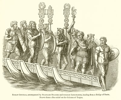 Římský generál, doprovázený standardními nosiči a obyčejnými legionáři, přistávající z mostu člunů od English School