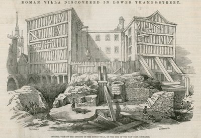 Římská vila objevená v Lower Thames Street, Londýn: Celkový pohled na zbytky římské vily na místě nové uhelné burzy od English School
