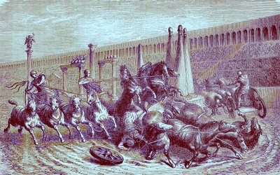 Římské veřejné hry pod říší - závod vozů v cirkuse, ilustrace z Ilustrované historie světa, vydané kolem roku 1880 (digitálně vylepšený obrázek) od English School