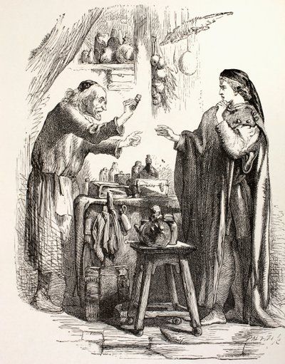 Romeo kupuje jed od lékárníka, ilustrace od Romea a Julie, z „The Illustrated Library Shakespeare“, vydané v Londýně 1890 (litho) od English School