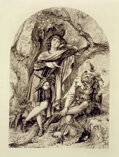 Rosalind a Touchstone, dějství III, scéna 2, v Jak se vám líbí, William Shakespeare (1564-1616) od English School