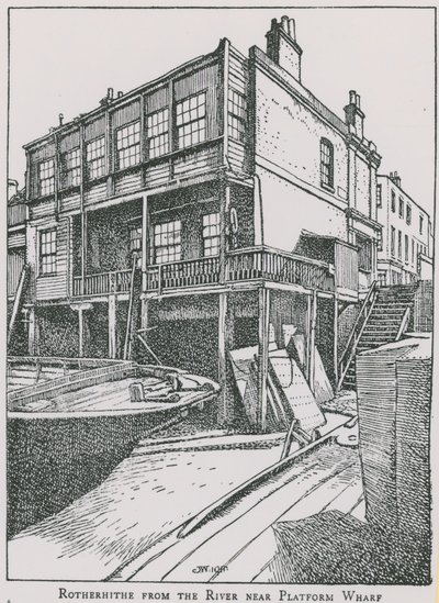 Rotherhithe od řeky Temže poblíž Platform Wharf; Anděl od English School