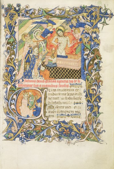 Roy 2 B I f.8 Korunovaná postava podepřená šedým vousatým světcem klečícím před obrazem Pity, ze žaltáře Humphreyho vévody z Gloucesteru, kolem 1420-30 (vellum) od English School