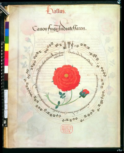 Roy II E XI f.2v Canon, s kruhovými lištami a růžicí uprostřed, z Motets od Richarda Sampsona (vellum) od English School