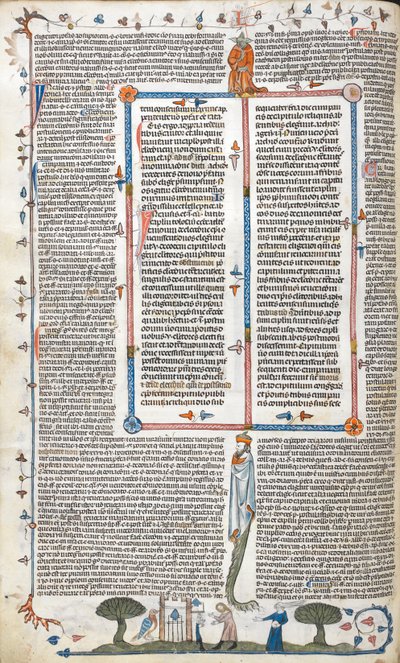 Royal 10 E. IV, f.30v, Text a basdepage scéna muže a ženy před budovou, z 