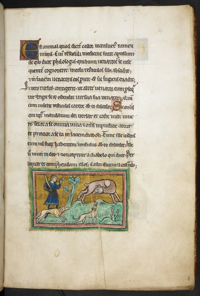 Royal 12 F.XIII, f.14 Vlk (?) s krví tekoucí z tlamy a lovec se psy, z Rochesterského bestiáře, 2. čtvrtina 13. stol. od English School