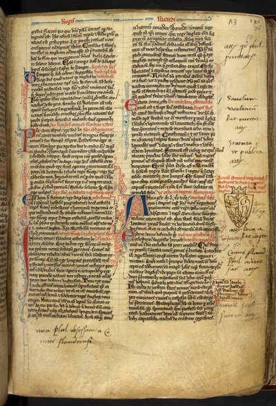 Royal 14 C.VII ff.86v Hraniční dekorace s erbem Richarda Lví srdce, ilustrace z 