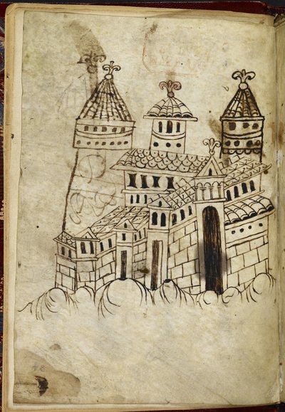 Royal 15 A. XVI. románská stavba se třemi věžemi (tuš na pergamenu) od English School