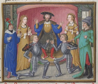 Royal 18 D.II, f.151 Polynices a Tydeus smířeni, ilustrace z 