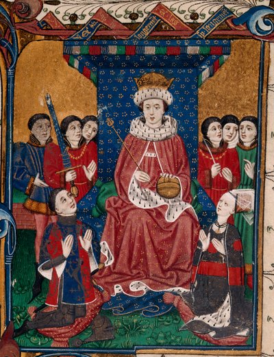 Royal 18 D. II fol.6, Král Edward IV obklopený dvořany se sirem Williamem Herbertem a jeho manželkou, Anne Devereux v šatech zdobených jejich erby, klečící před ním (kniha 1) od English School