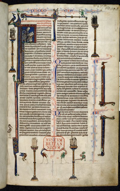 Royal 1 D I, f.1r, Jeroným, mniši na sloupech, z Bible Viléma z Devonu (vellum) od English School