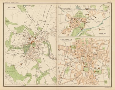 Royal Atlas, c 1900: Buxton; Warwick; Cheltenham (barevné lito) od English School