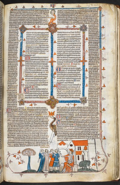 Royal MS 10 IV f.240r King bránící svůj palác a okrajovou výzdobu, ilustrace z 