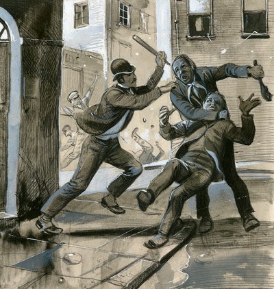 Královská námořní pěchota jako policisté v civilu v roce 1882 pomáhala dublinské policii v boji proti "nepřemožitelným". od English School