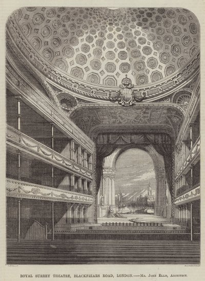 Royal Surrey Theatre, Blackfriars Road, Londýn, pan John Ellis, architekt (rytina) od English School