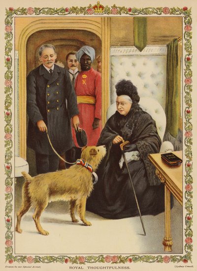 Royal Thoughtfulness – královna Viktorie na nádraží Paddington, dává charitativní dar (chromolitho) od English School