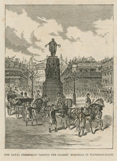 Královský průvod kolem památníku stráží ve Waterloo Place od English School