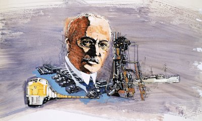 Rudolf Diesel na pozadí vlaků, lodí a doků od English School