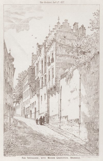 Rue Terracken, s Maison Gravestein, Brusel (rytina) od English School