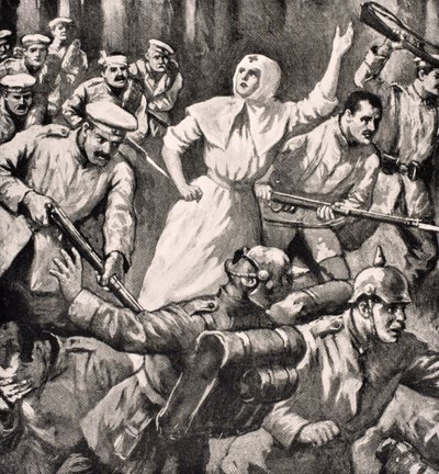 Ruská zdravotní sestra Mira Miksailovič Ivanoff vede muže proti Němcům, 1915, z ‚The War Illustrated Album deLuxe‘ vydané v Londýně, 1916 od English School