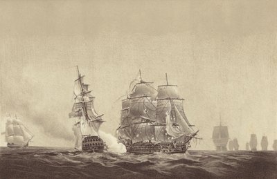 Ruská loď Vsevolod vyvěšuje své vlajky na lodi HMS Implacable, která je připojena ke švédskému námořnictvu a které velí kapitán Thomas Byam Martin, na Baltu, 26. srpna 1808 (litografie) od English School