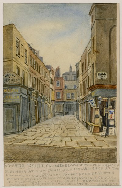 Ryders Court a roh Lisle Street, Londýn (wc na papíře) od English School