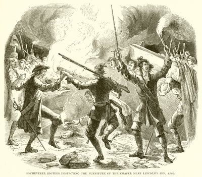 Sacheverel Rioters ničící nábytek kaple poblíž Lincolns Inn, 1710 od English School