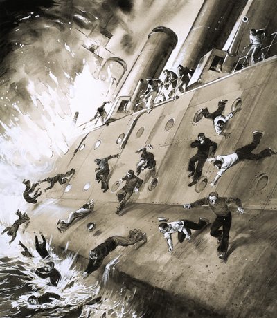 Námořníci prchající z lodi HMS Natal, která v roce 1915 začala hořet v Cromarty Firth od English School