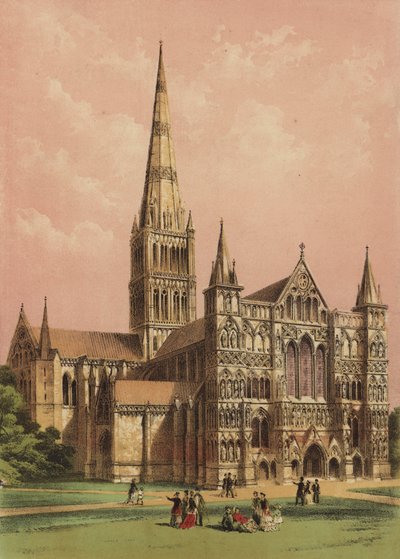 Katedrála v Salisbury, Wiltshire (barevná litografie) od English School