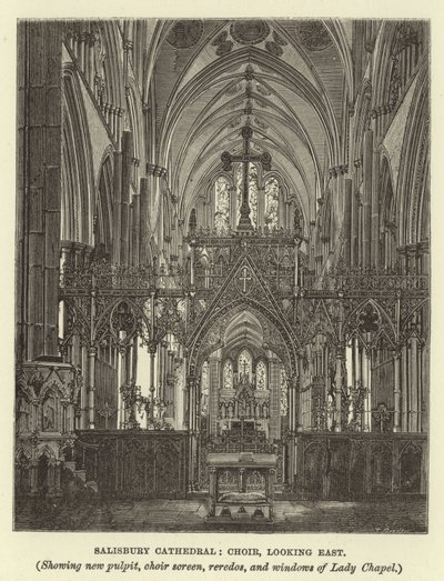 Katedrála v Salisbury, chór, při pohledu na východ, ukazuje novou kazatelnu, zástěnu chóru, rereda a okna Lady Chapel od English School