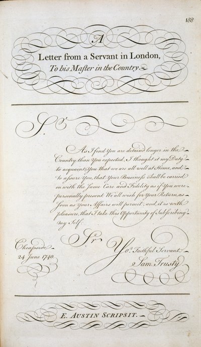 Ukázka dopisu ze vzorníku dopisů, kolem roku 1740 od English School