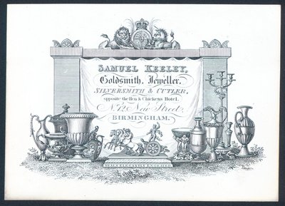 Samuel Keeley, zlatník, klenotník, stříbrník a nožíř, obchodní karta od English School