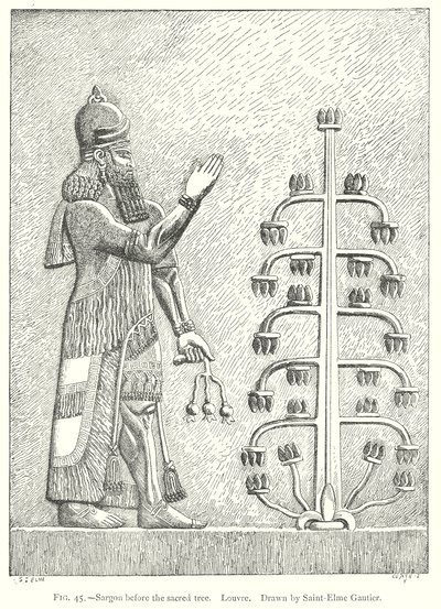 Sargon před posvátným stromem. Louvre (rytina) od English School