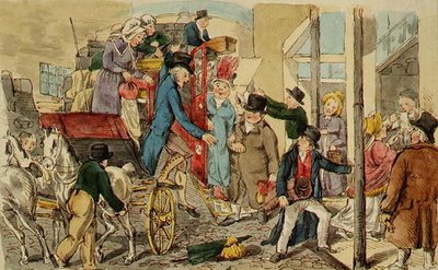 Scéna v Inn Yard, The Arrival of a Coach, c.1820 (pero, inkoust a akvarel na papíře) od English School