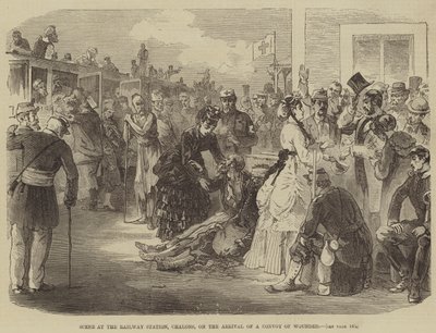 Scéna na nádraží, Chalons, při příjezdu konvoje zraněných (rytina) od English School