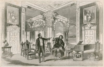 Scéna z nové zábavy slečny P Hortonsové v Galerii ilustrací, Regent Street, Londýn od English School