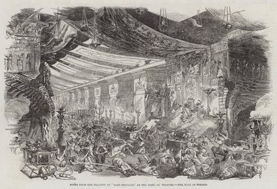 Scéna z tragédie "Sardanapalus," v divadle princezny, sál Nimroda (rytina) od English School