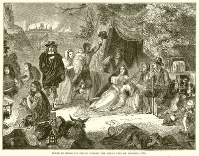 Scéna v Highgate Fields během velkého požáru Londýna, 1666 od English School