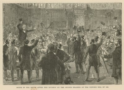 Scéna v Dolní sněmovně po rozdělení ve druhém čtení reformního zákona z roku 1866 od English School