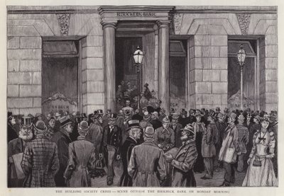 Scéna před Birkbeck Bank, Londýn, během krize stavebního spoření v roce 1892 (litho) od English School
