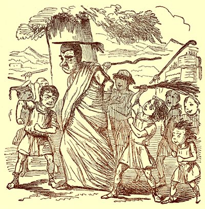 School-boys Bigging the Schoolmaster, ilustrace z The Comic History of Rome od Gilberta Abbotta a Becketta, publikovaná kolem roku 1850 (digitálně vylepšený obrázek) od English School