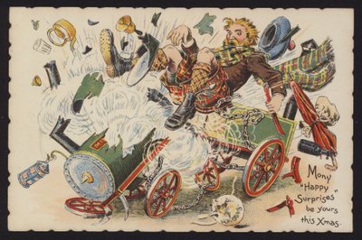 Skot jezdící na explodujícím parním stroji (chromolitho) od English School