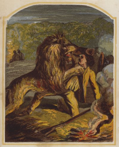 Skotský misionář David Livingstone napaden lvem v Africe (chromolit) od English School