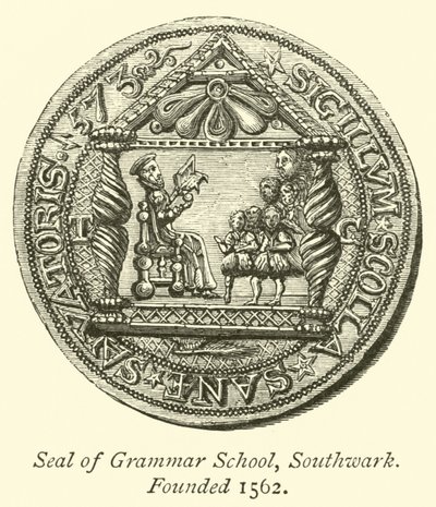 Seal of Grammar School, Southwark, založená 1562 od English School